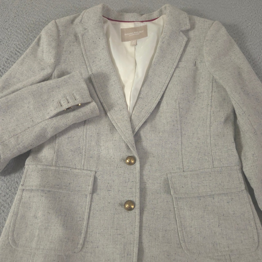 Banana Republic Blazer Womens 10 Grey Hacking Wool Blend Elbow Patch Gold Button